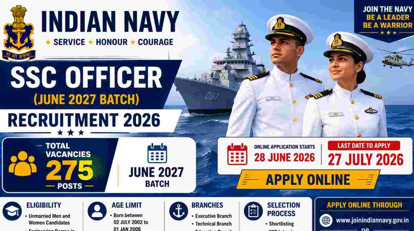 Indian Navy SSC Officer (June 2027) Batch Recruitment 2026 Notification Out for 275 Posts, Apply Online